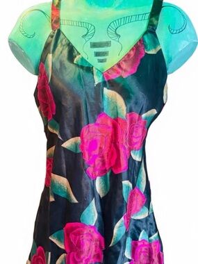VINTAGE Black Slip dress with Hot Pink Rose Print